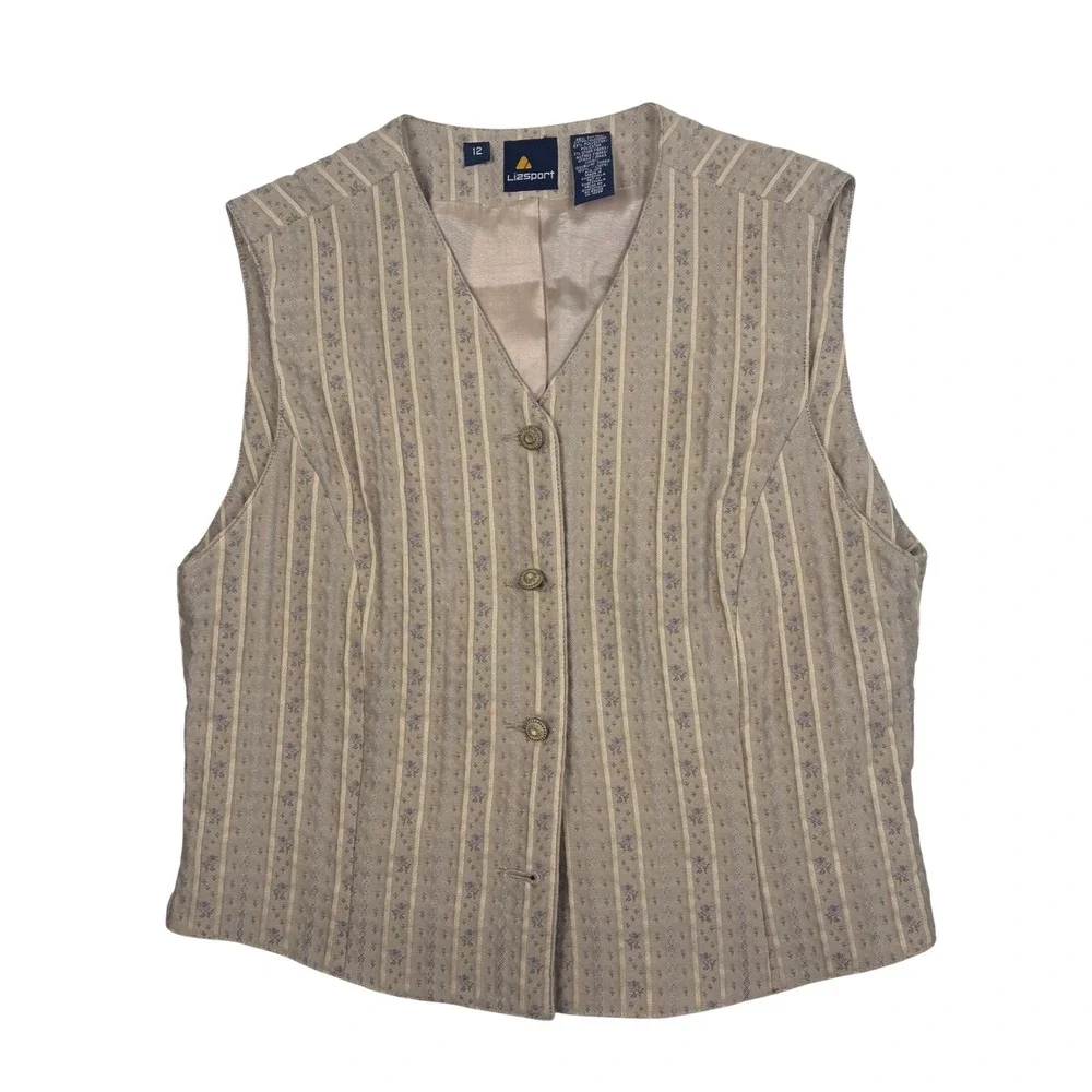 Cottagecore Cotton Size 12 Floral Stripe Button Front Vest Beige - Picture 1 of 5